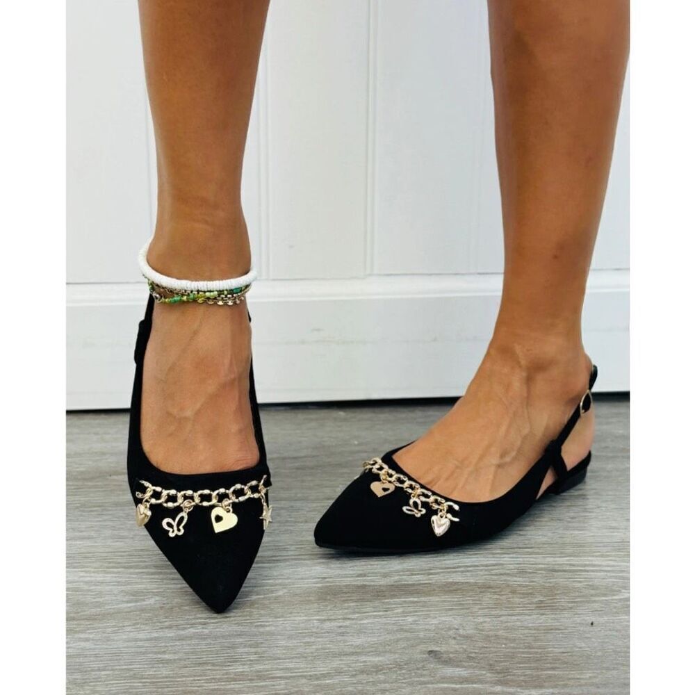 TOP Moda Charmed Life Slingback Flats 7.5 NIB Pointed Toe Black Gold Chain Charm